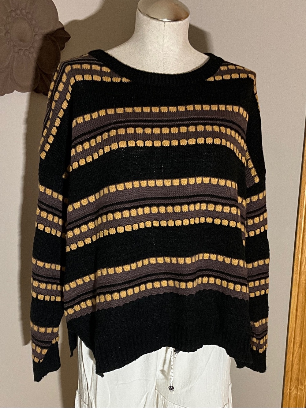 SHEIN Black Striped Crewneck Sweater with Mustard & Charcoal Accents